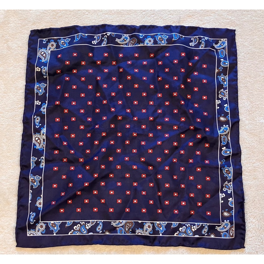 Indochino Pocket Square Mens OS Navy Blue Silk Paisley Geometric Pattern